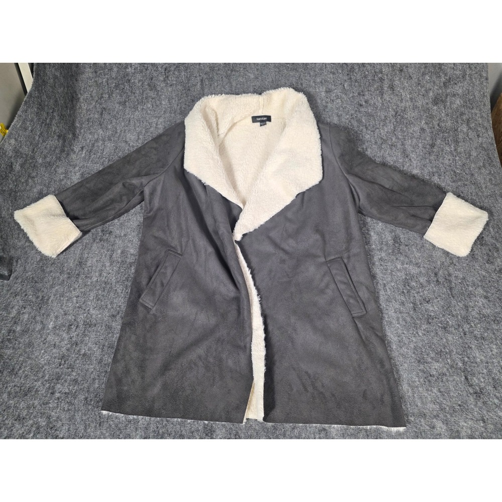 Womens Coat Faux Suede Sherpa L Gray Open Front Shearling Jacket Karen Kane USA